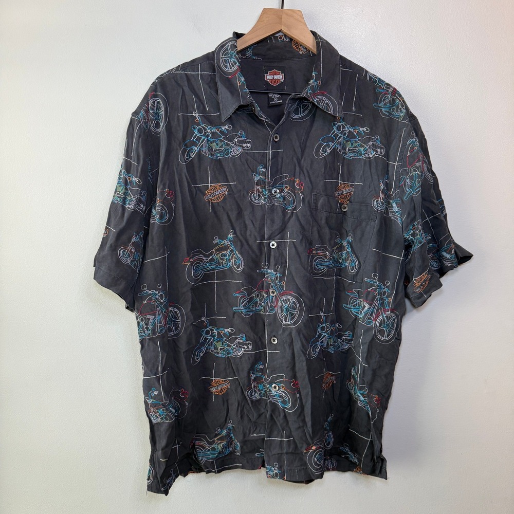 Harley Davidson Tori Richard Men's 100% Silk Embroidered Biker Shirt Black XL